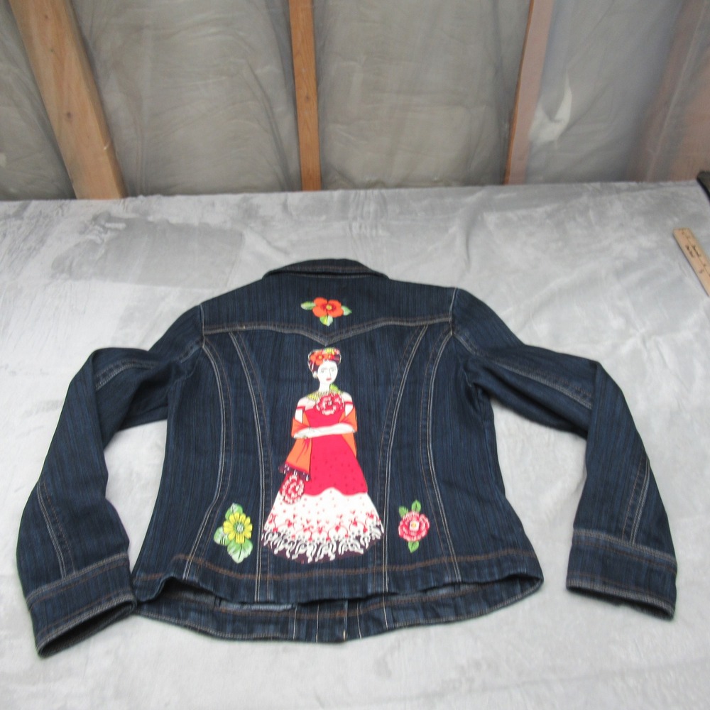 Live a Little Jean Jacket Women Sml Denim Traditional Folk Art Embroider Trucker